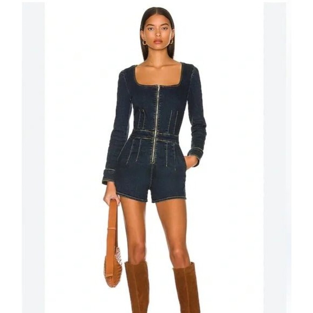 We The Free People CRVY High Society Playsuit Romper Long Sleeve 6 Denim Festiva